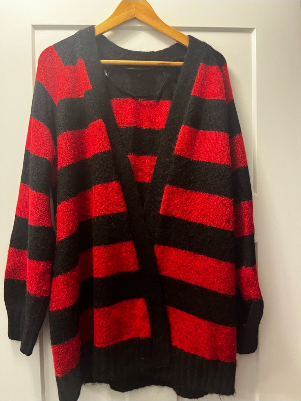 Lane Bryant Red and Black Striped V-Neck Cardigan